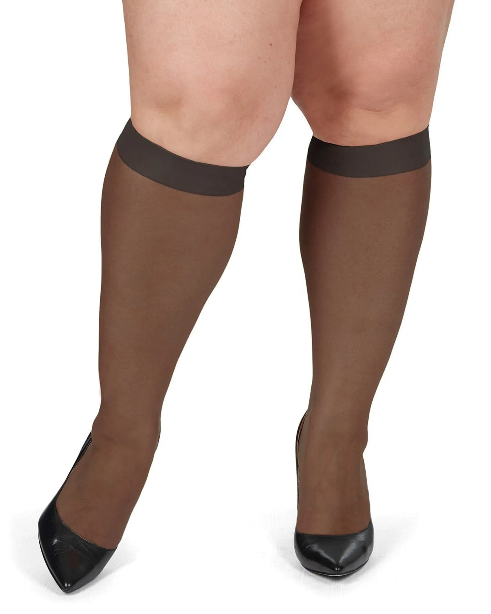 2 Pairs Ultra Sheer Plus Size Curvy Knee High Stockings | Off Black