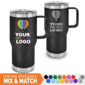 20 oz Handled Travel Tumblers -Mix & Match- Bulk Wholesale Personalized Engraved or Full Color Print Logo