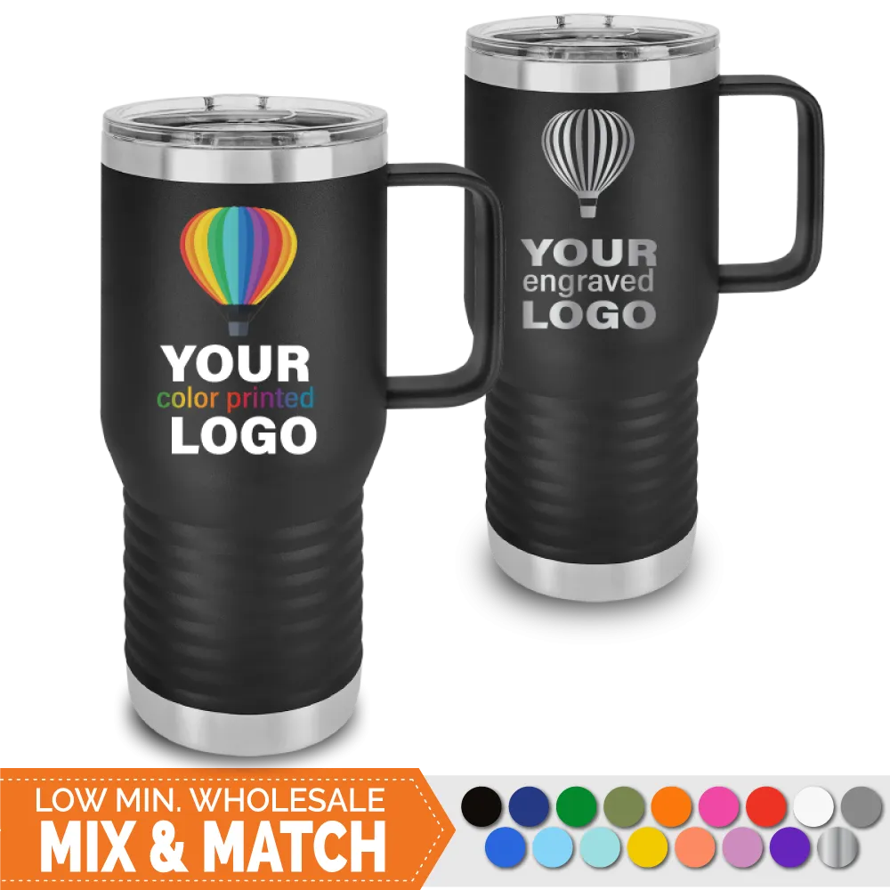 20 oz Handled Travel Tumblers -Mix & Match- Bulk Wholesale Personalized Engraved or Full Color Print Logo