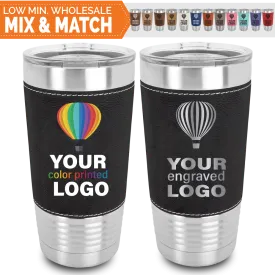 20 oz Leatherette (Faux Leather) Tumblers -Mix & Match- Bulk Wholesale Personalized Engraved or Full Color Print Logo