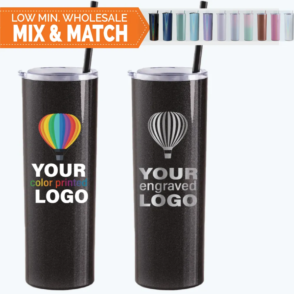 20 oz Skinny Glitter Tumblers -Mix & Match- Bulk Wholesale Personalized Engraved or Full Color Print Logo