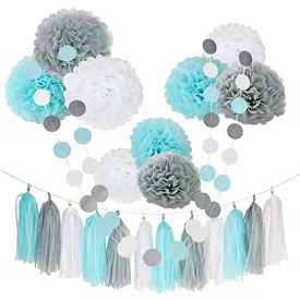 23 Pcs Blue White Happy Birthday 1st Baby Shower Party Wedding Favors Hanging Decorations Kit with Paper Tissue Flowers Tassel Hangings and Dots Garlands Decorations