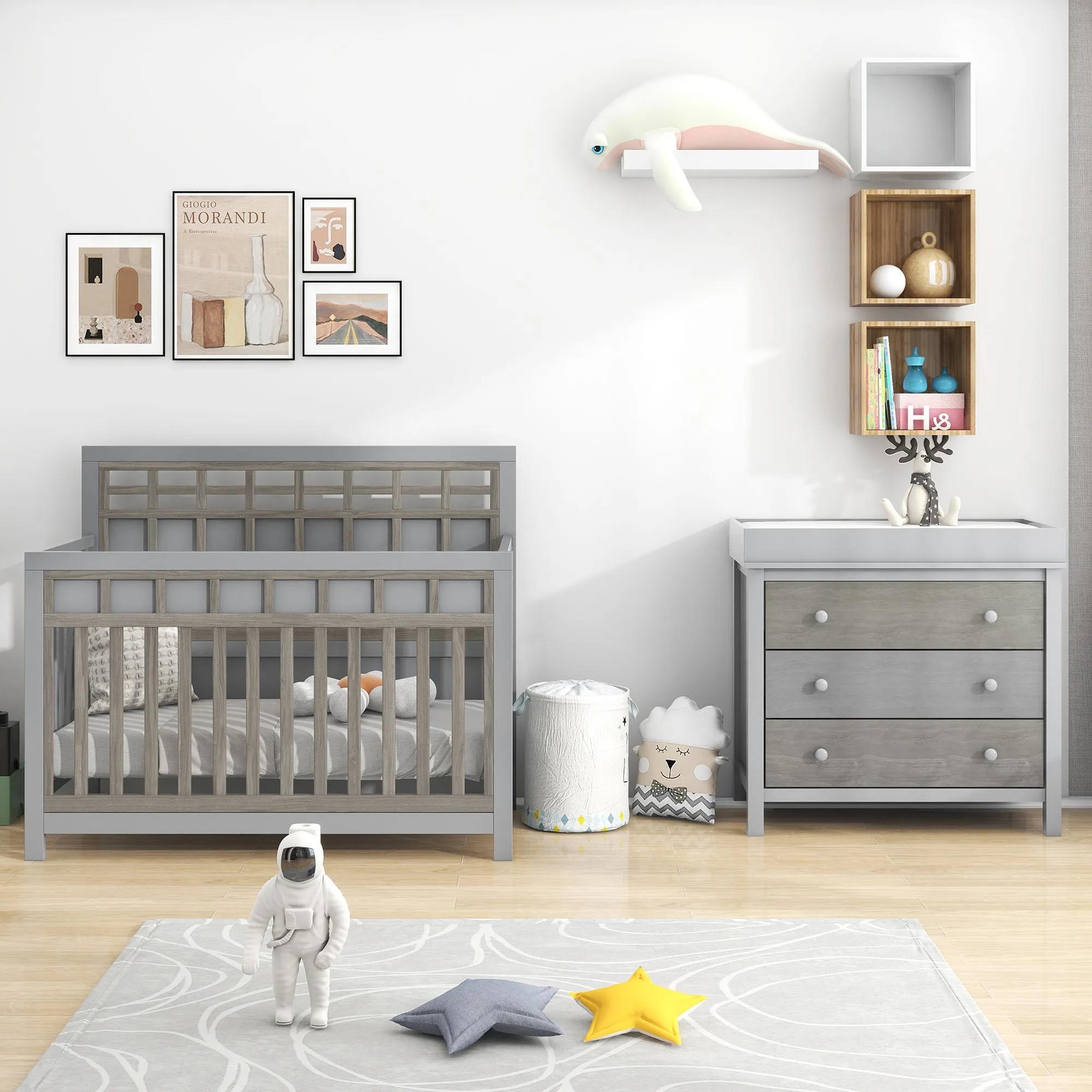 3 Pieces Nursery Sets Baby Crib and Changer Dreeser with Removable Changing Tray Bedroom Sets Gray