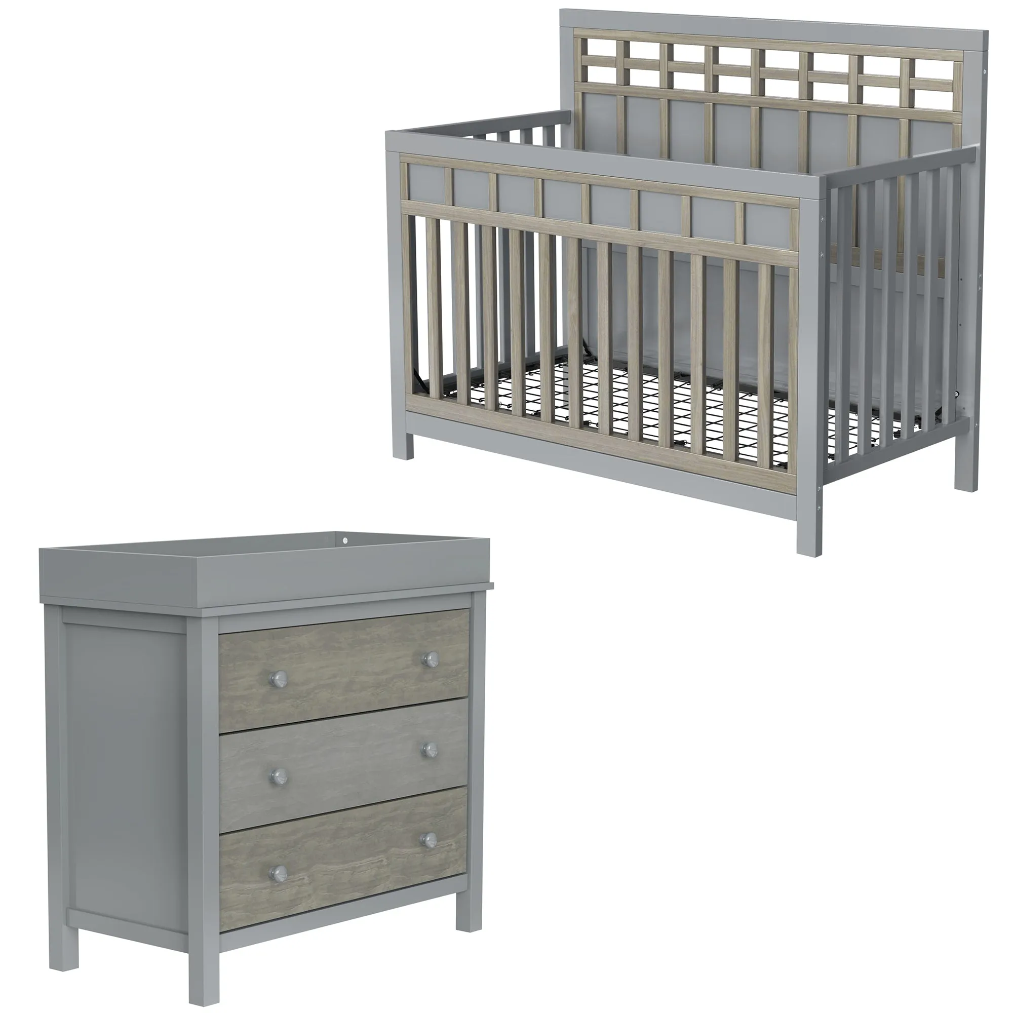 3 Pieces Nursery Sets Baby Crib and Changer Dreeser with Removable Changing Tray Bedroom Sets Gray