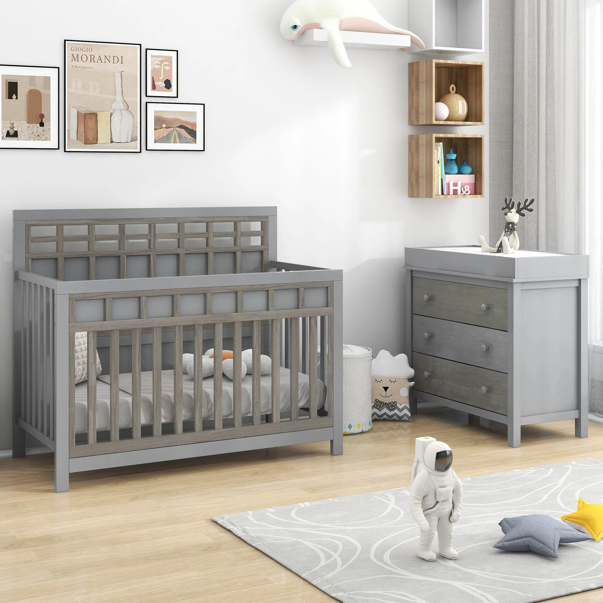 3 Pieces Nursery Sets Baby Crib and Changer Dreeser with Removable Changing Tray Bedroom Sets Gray