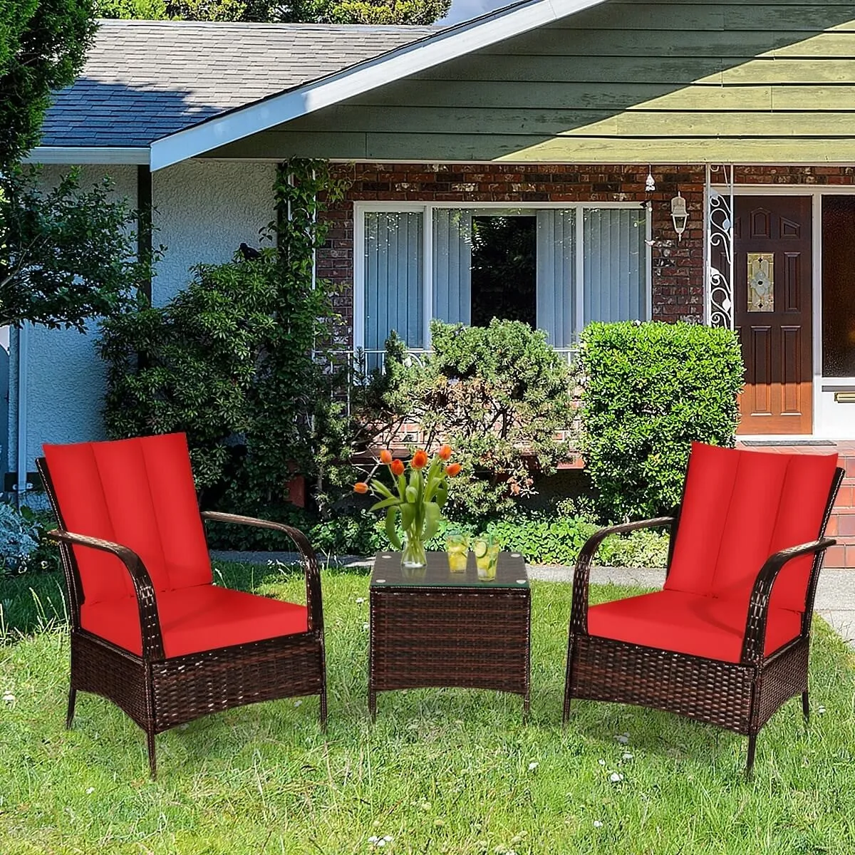 3pc Wicker Rattan Patio Furniture Set - Red