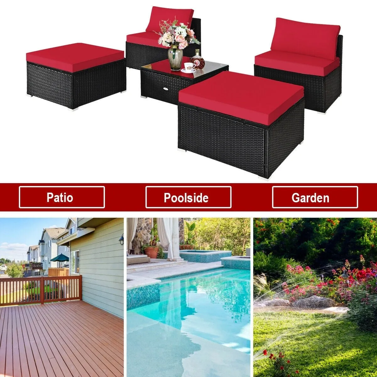 5pc Wicker Rattan Patio Armless Furniture Set - Red