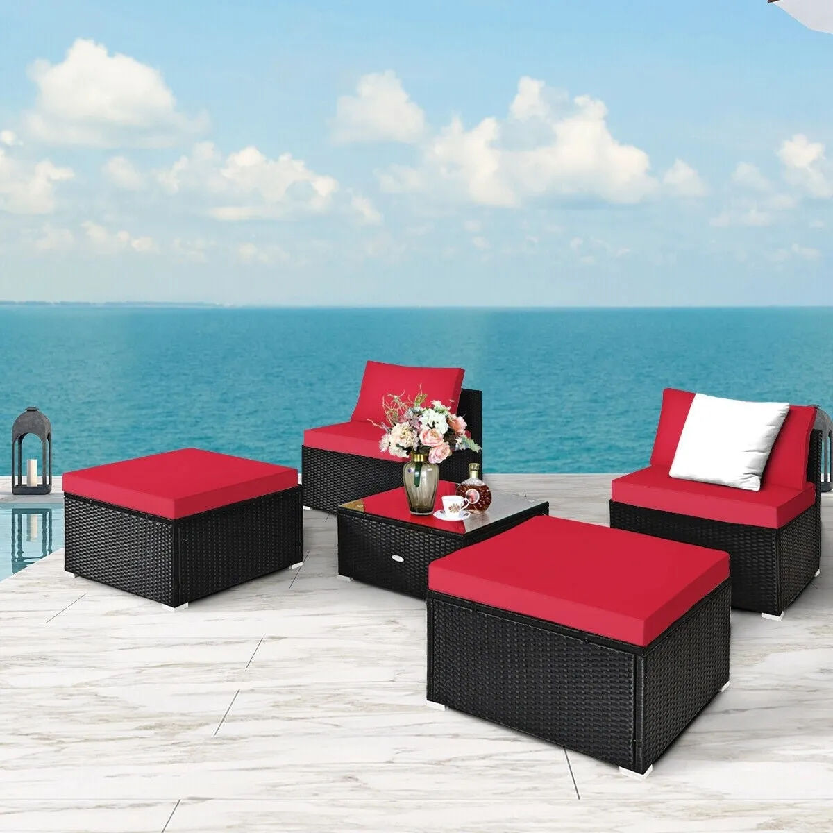 5pc Wicker Rattan Patio Armless Furniture Set - Red