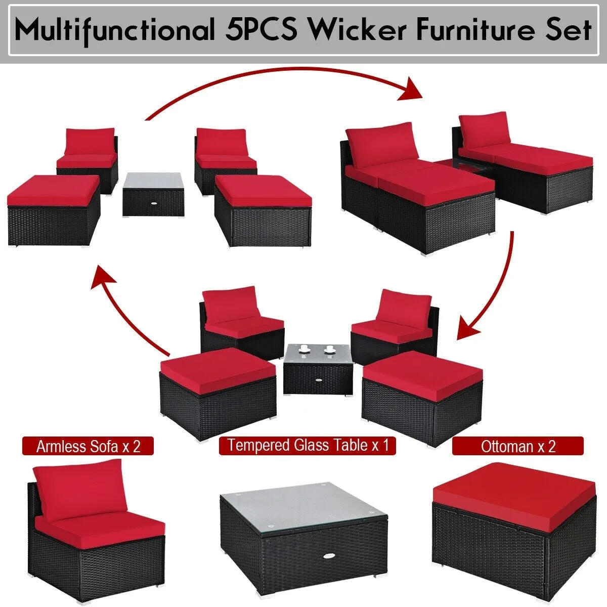 5pc Wicker Rattan Patio Armless Furniture Set - Red