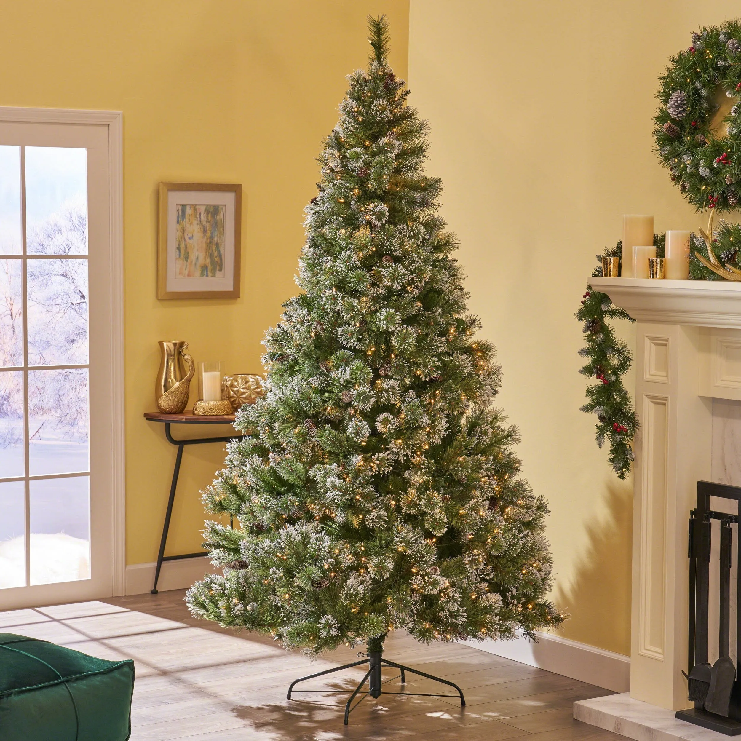 9-foot Mixed Spruce Hinged Artificial Christmas Tree with Snow and Glitter Branches and Frosted Pinecones - NH633703