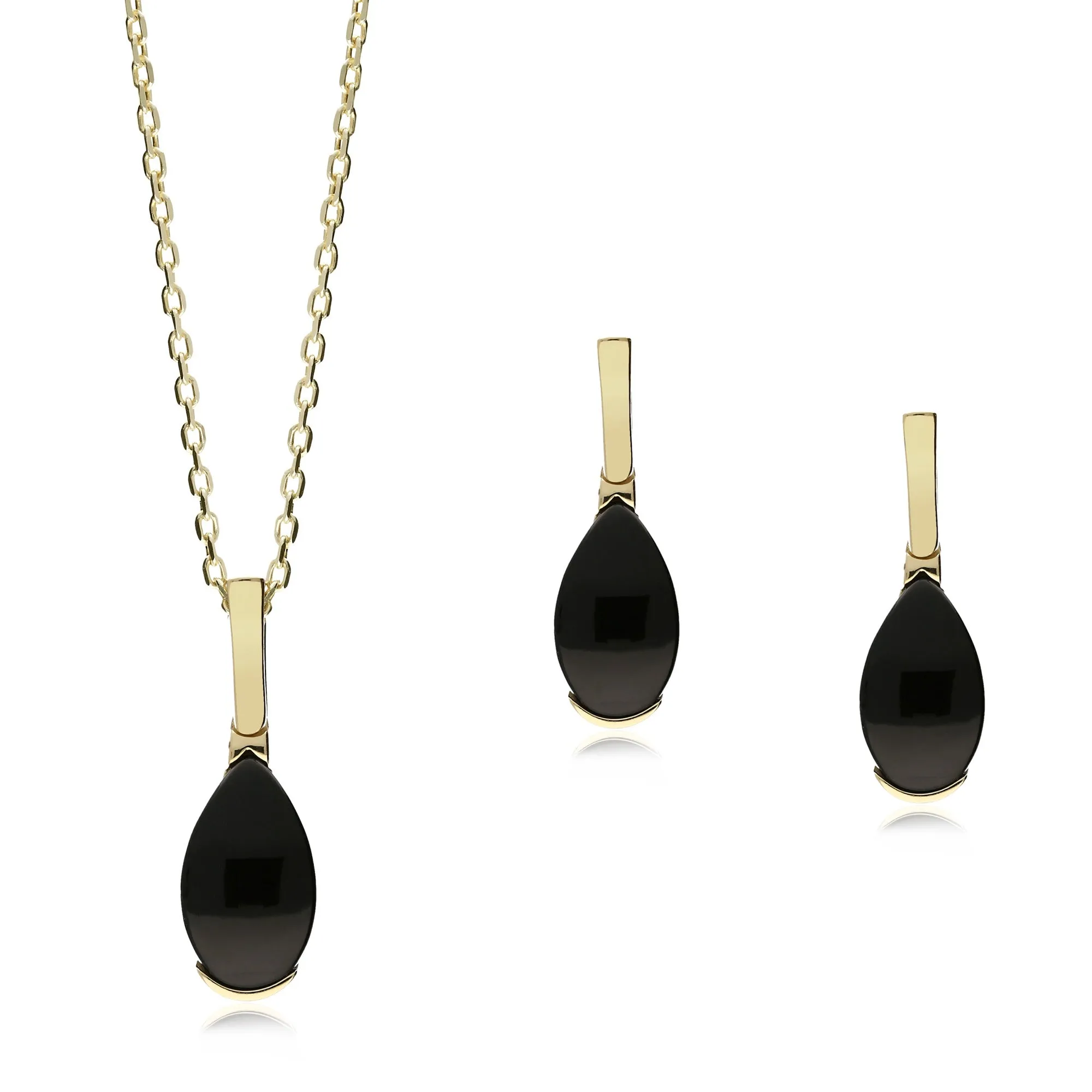 9ct Yellow Gold Whitby Jet Teardrop Pendant & Earring Set