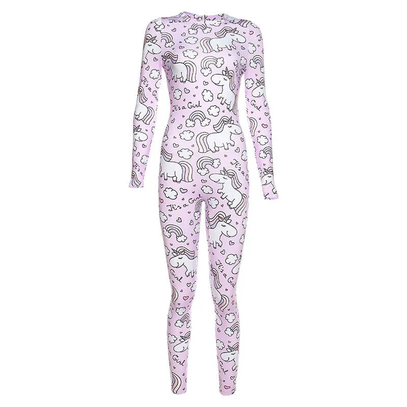 Active Women's Printed Hip Exercise Fitness Jumpsuit Pink Rainbow Pony Print