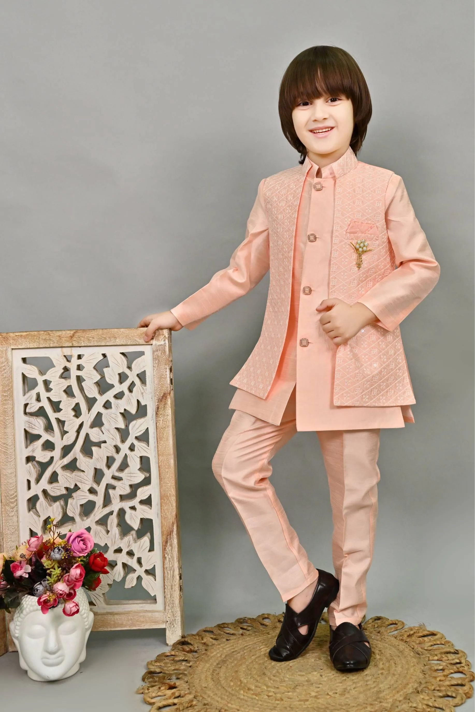 Ahhaaaa Kids Ethnic Embroidered Indo-Western Kurta, Pajama and Waistcoat Set for Boys