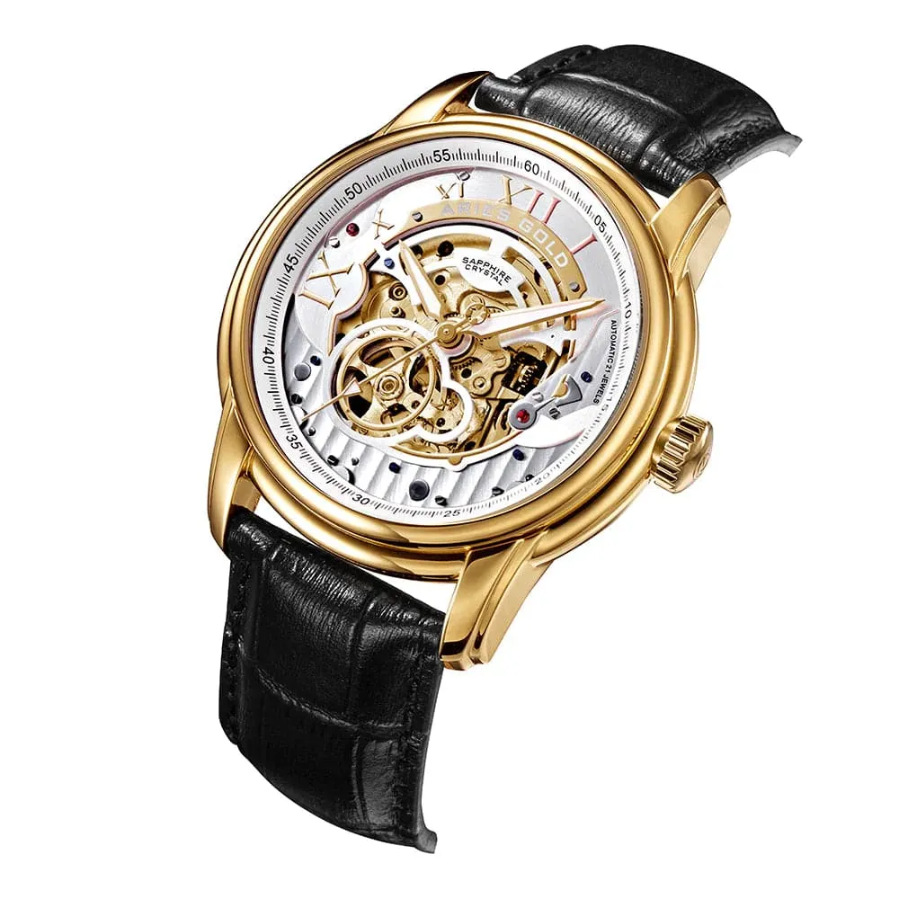 Aries Gold Automatic Infinum El Toro Black Leather Strap Men's Watch G 9005A G-S