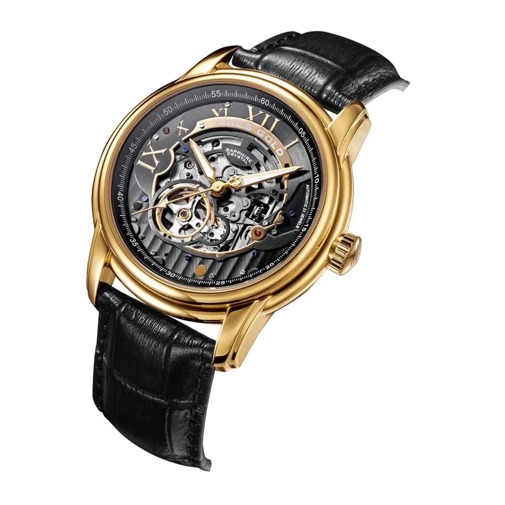 ARIES GOLD AUTOMATIC INFINUM EL TORO GOLD STAINLESS STEEL G 9005A G-BK BLACK LEATHER STRAP MEN'S WATCH