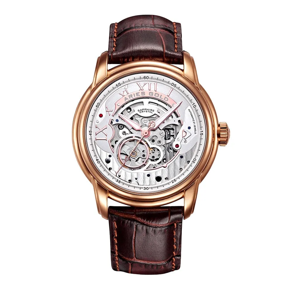 ARIES GOLD INFINUM EL TORO ROSE GOLD G 9005A RG-S BROWN LEATHER STRAP MEN'S WATCH