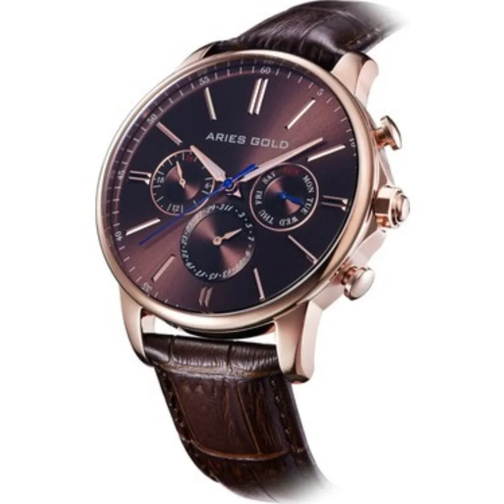 ARIES GOLD URBAN BELFAST ROSE GOLD STAINLESS STEEL G 102 RG-CF BROWN LEATHER STRAP MEN'S WATCH