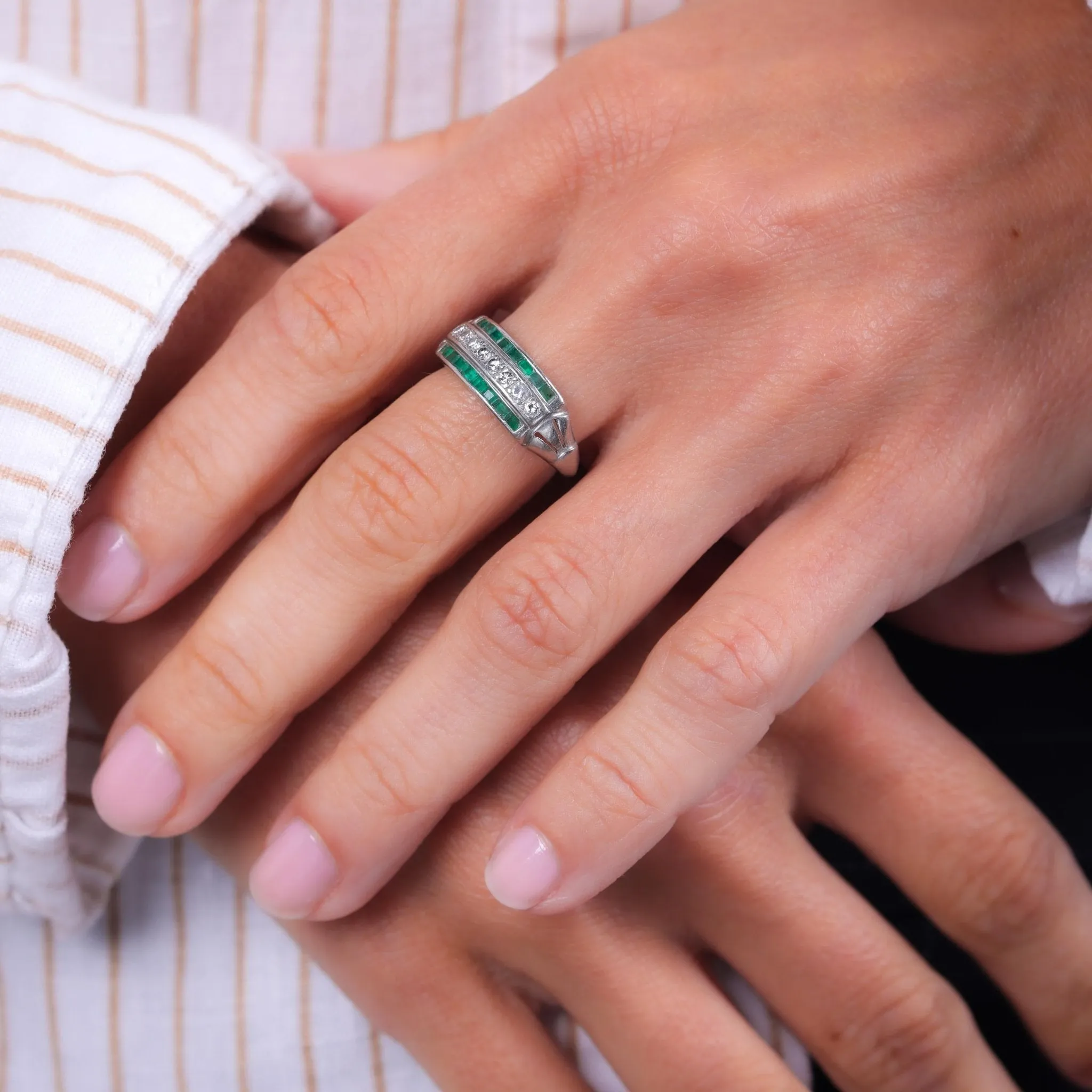 Art Deco Diamond Emerald Platinum Ring