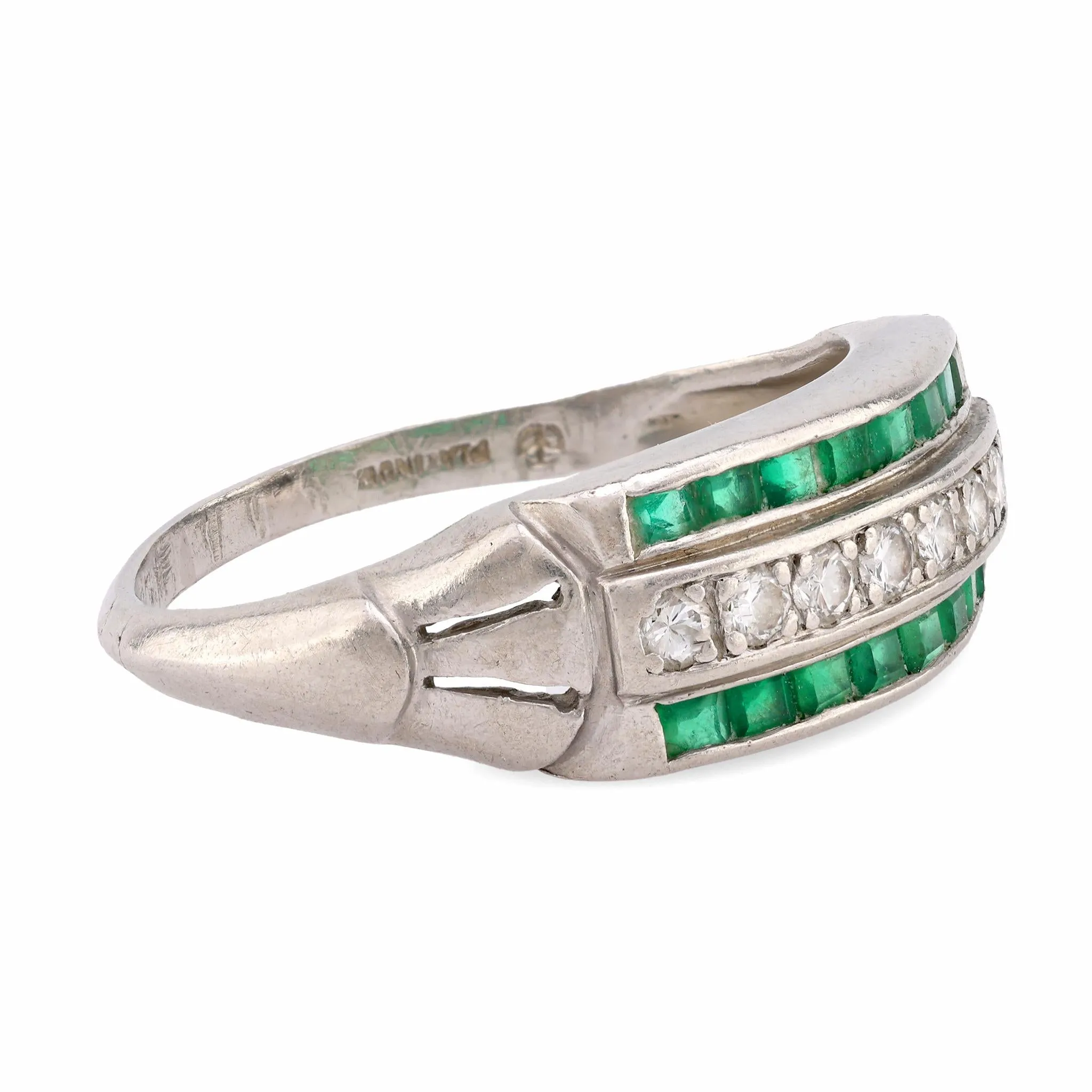 Art Deco Diamond Emerald Platinum Ring