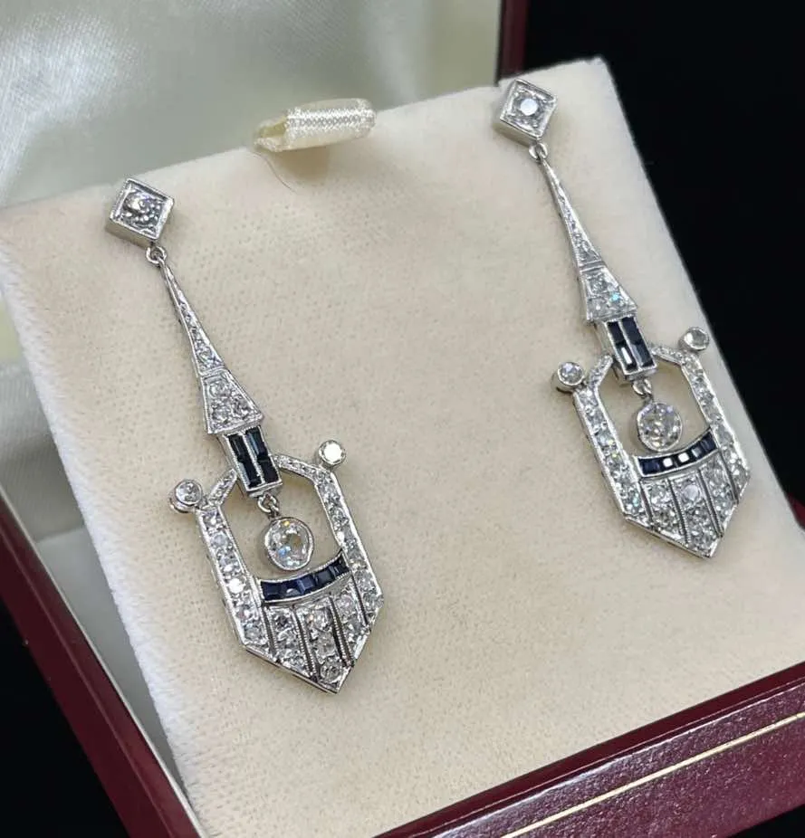 Art Deco Platinum Diamond and Sapphire Earrings