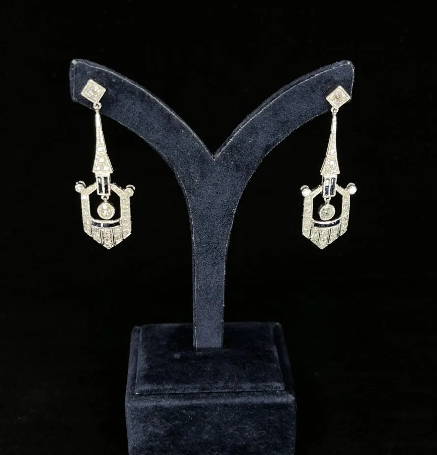 Art Deco Platinum Diamond and Sapphire Earrings