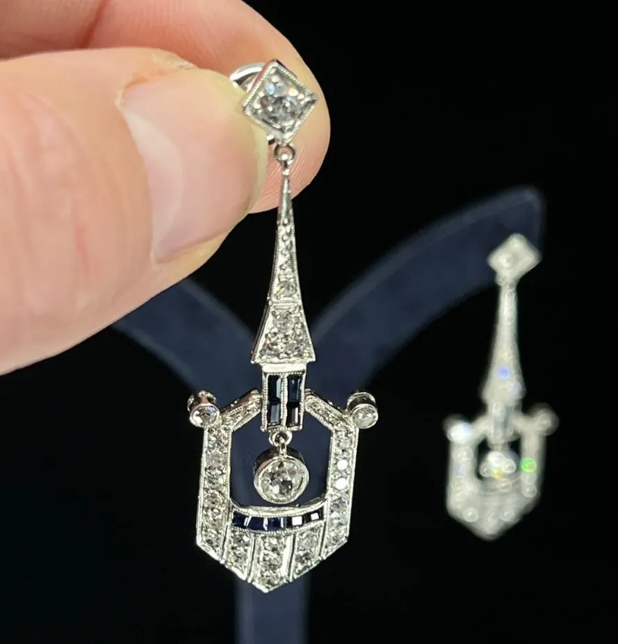 Art Deco Platinum Diamond and Sapphire Earrings