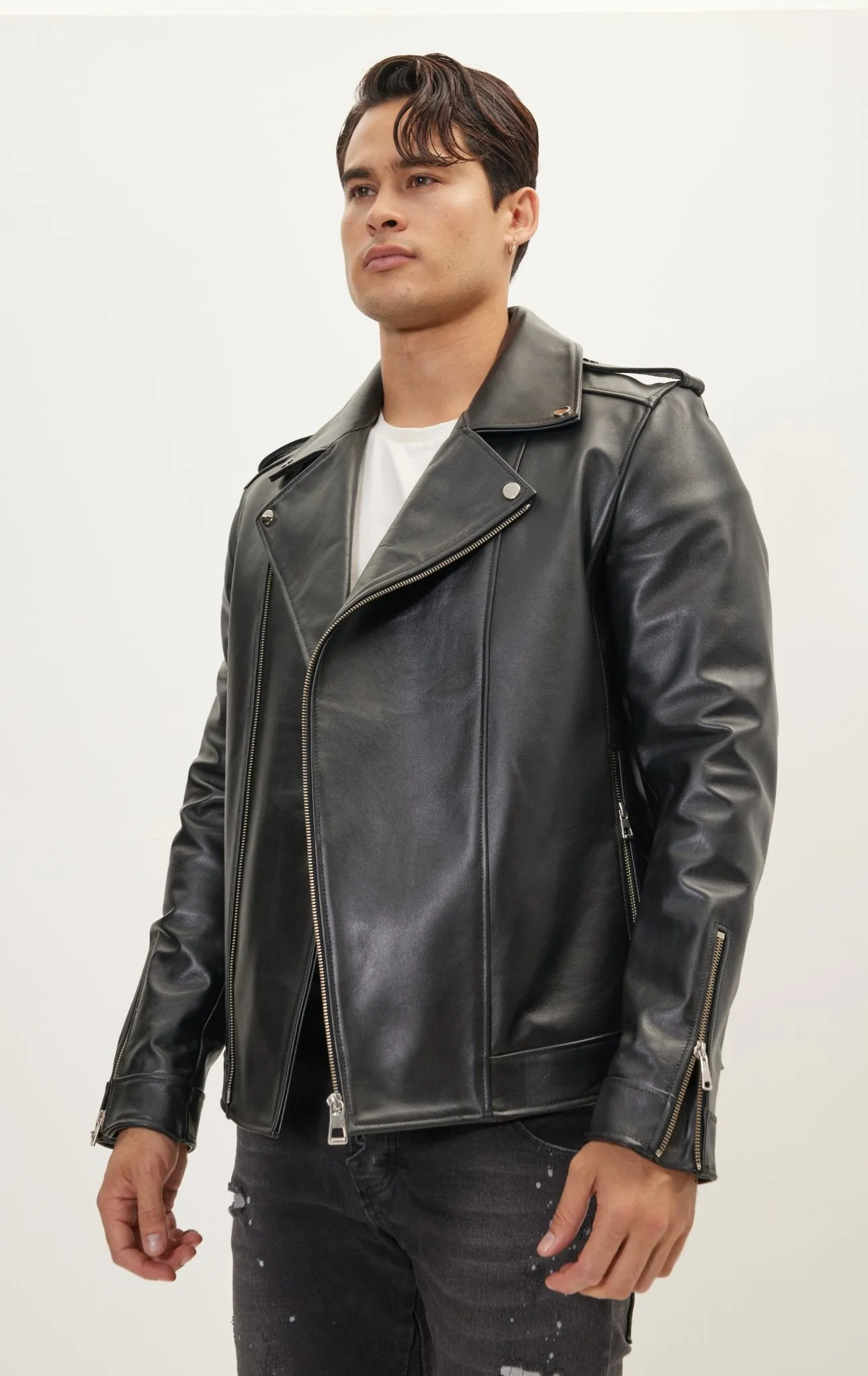 Asymmetric Epaulet Leather Jacket- Black Falcon