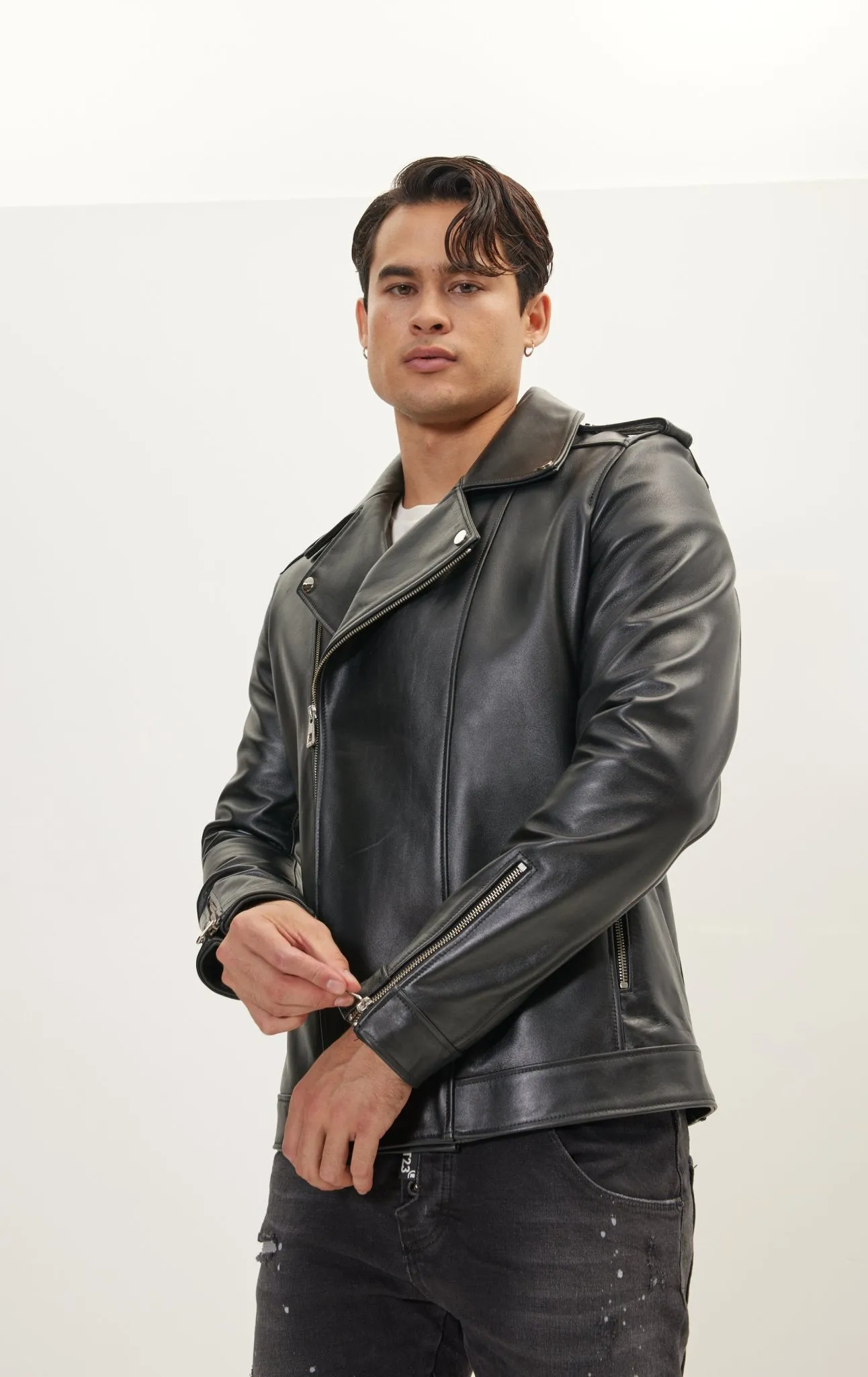 Asymmetric Epaulet Leather Jacket- Black Falcon