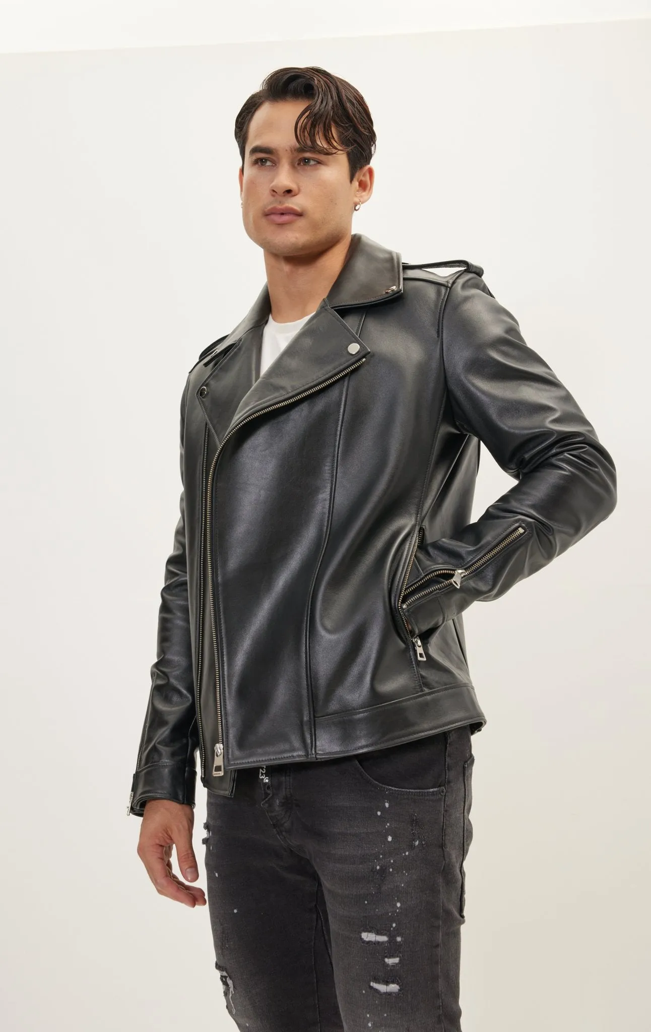 Asymmetric Epaulet Leather Jacket- Black Falcon