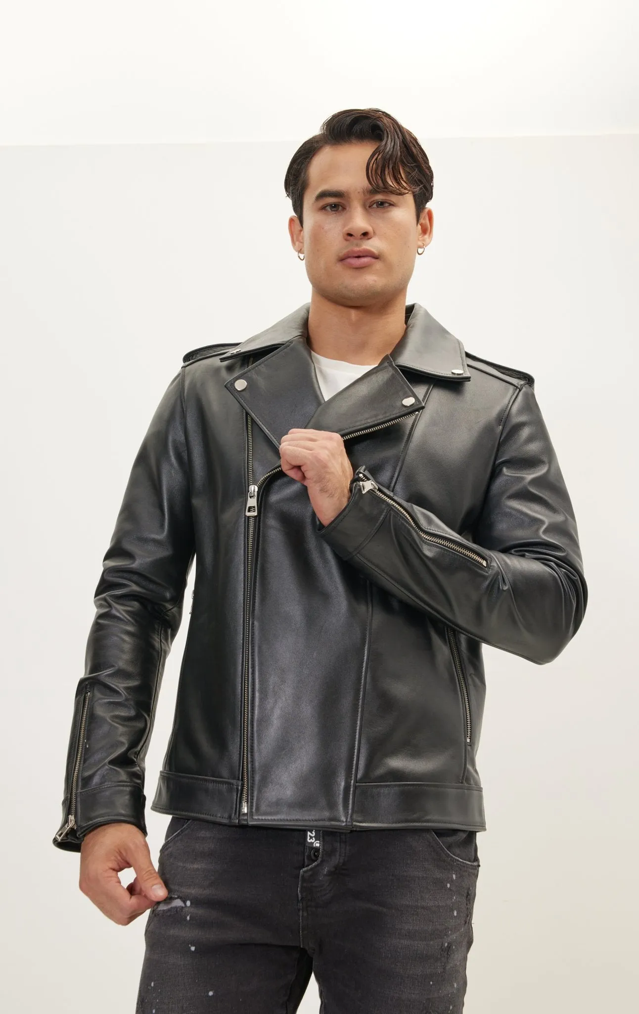 Asymmetric Epaulet Leather Jacket- Black Falcon