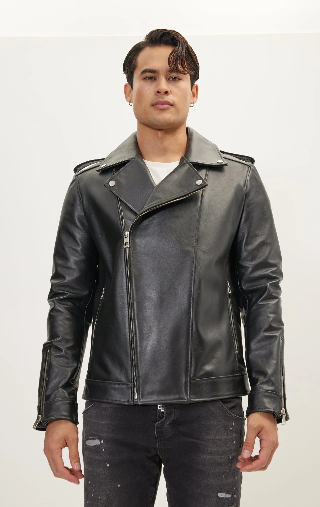 Asymmetric Epaulet Leather Jacket- Black Falcon