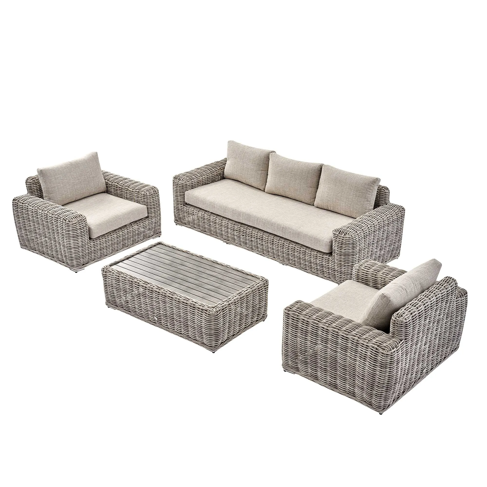 Bellagio Round Wicker Sofa Set with Coffee Table, Light Grey