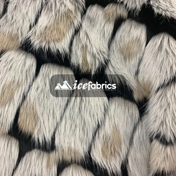 Black Rectangular Bricks Design Long Pile Fake Faux Fur Fabric By The Yard (4 Colors)