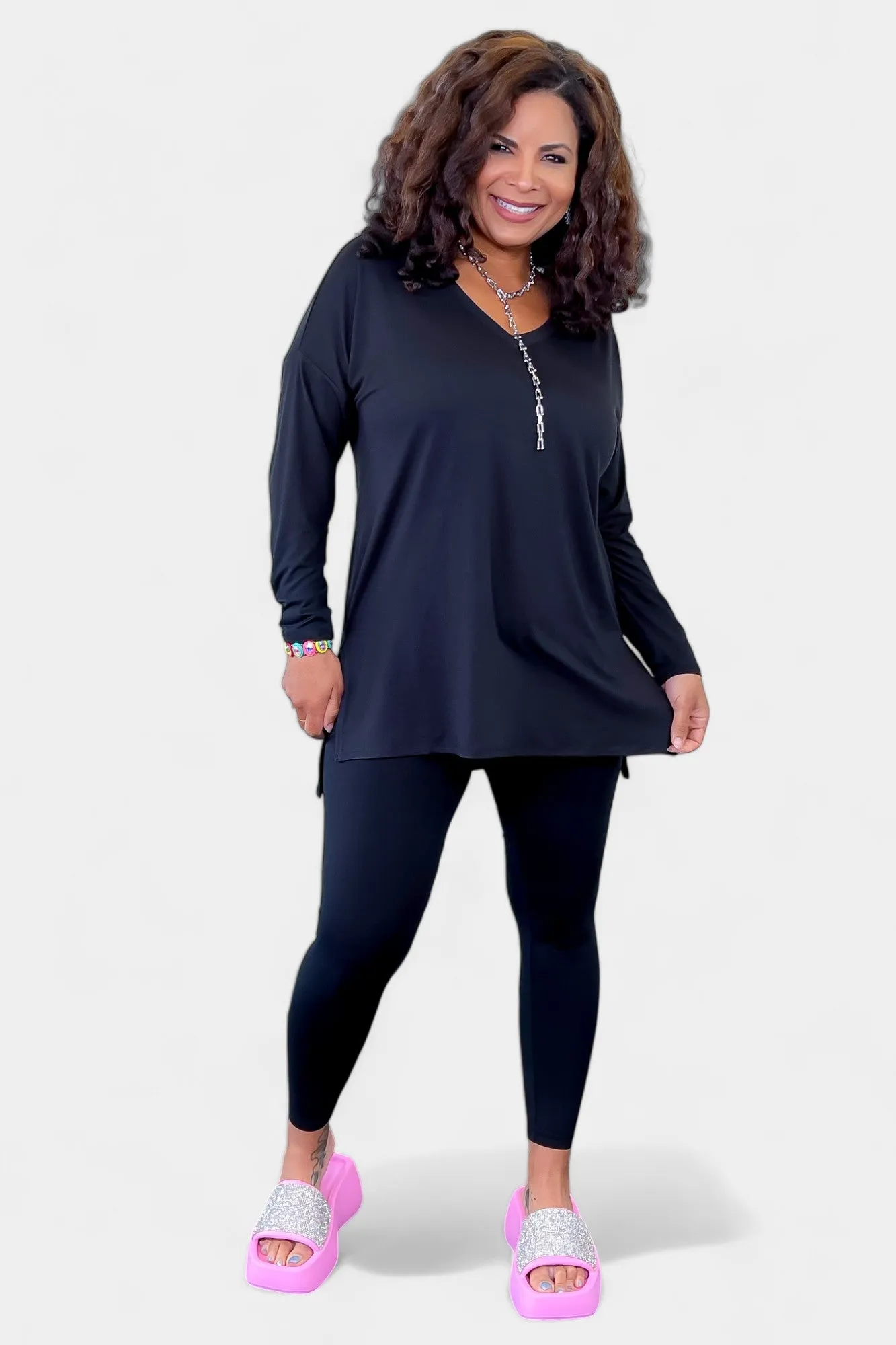 Black V Neck Buttery Loungewear Set