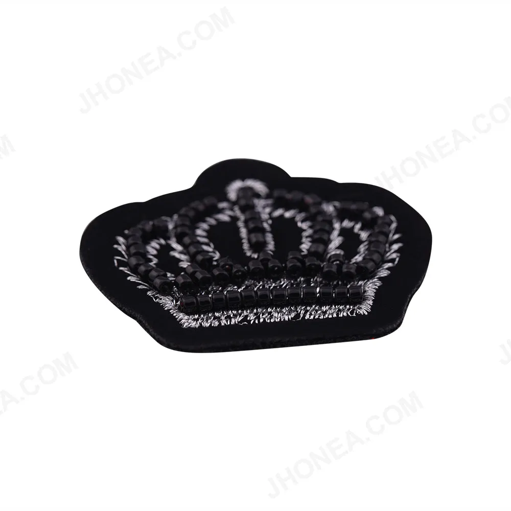 Black with Metallic Silver Beaded Crown Patch