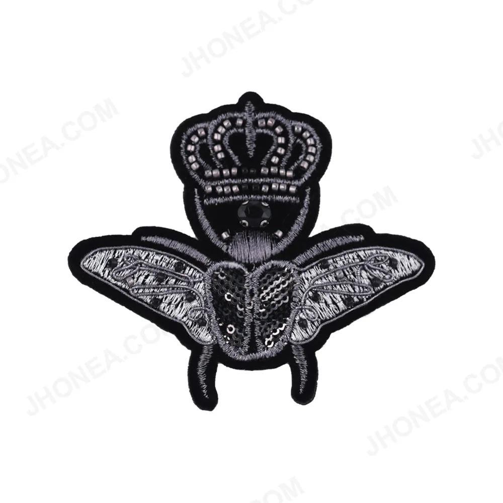 Black with Silver Queen Bee Beaded Embroidery Patch