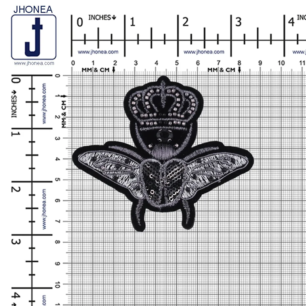 Black with Silver Queen Bee Beaded Embroidery Patch