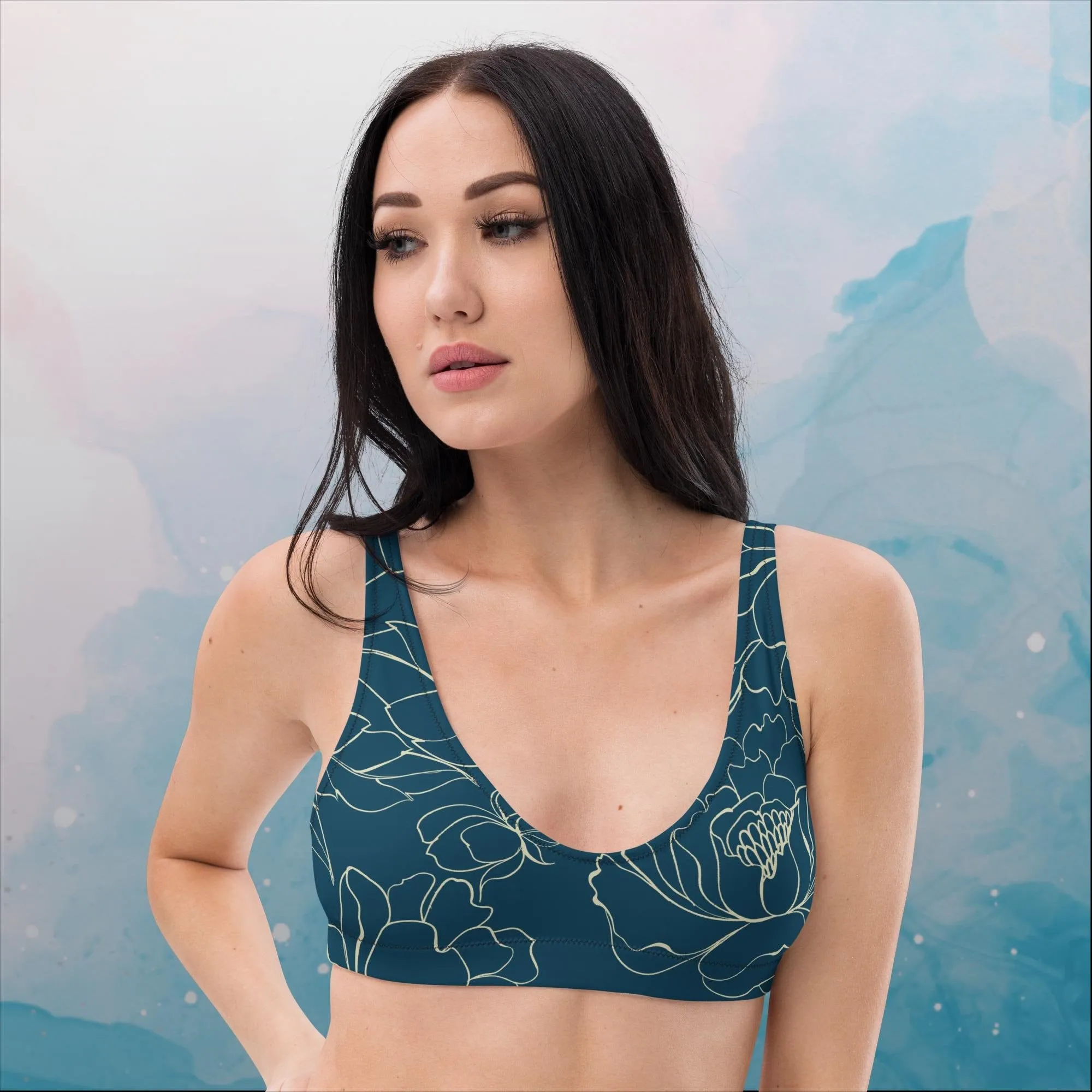 Blue and Gold Floral Lines Recycled Padded Bikini Workout Bralette Top