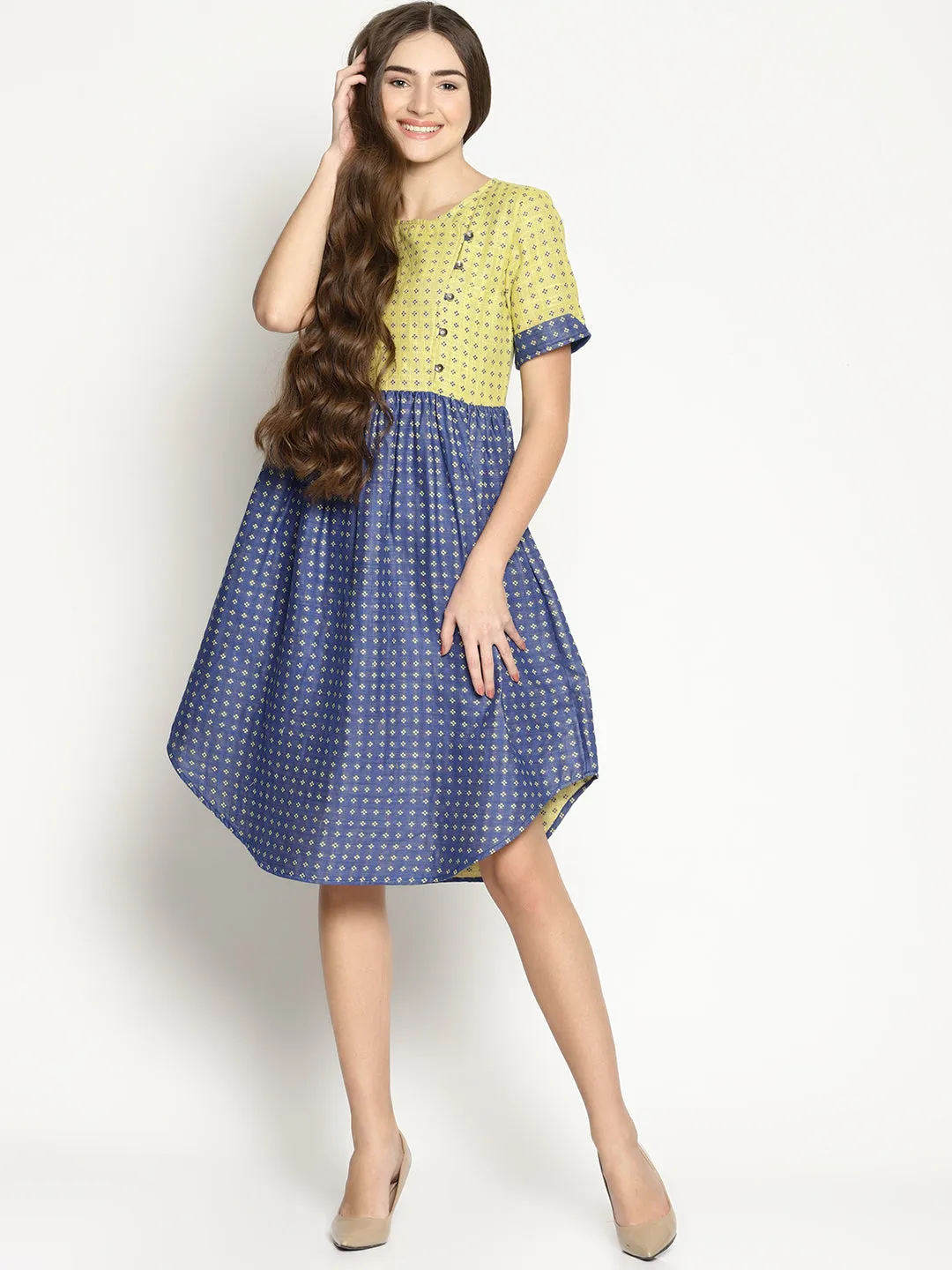 Blue Dobby Shift Dress With Curved Hem