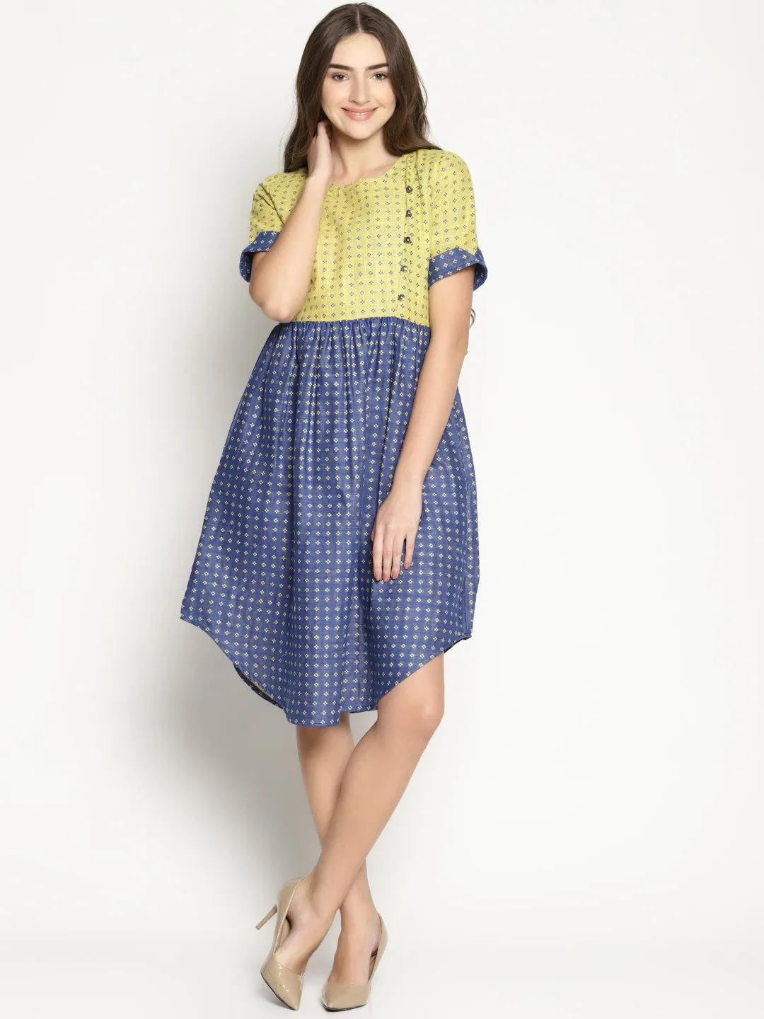 Blue Dobby Shift Dress With Curved Hem