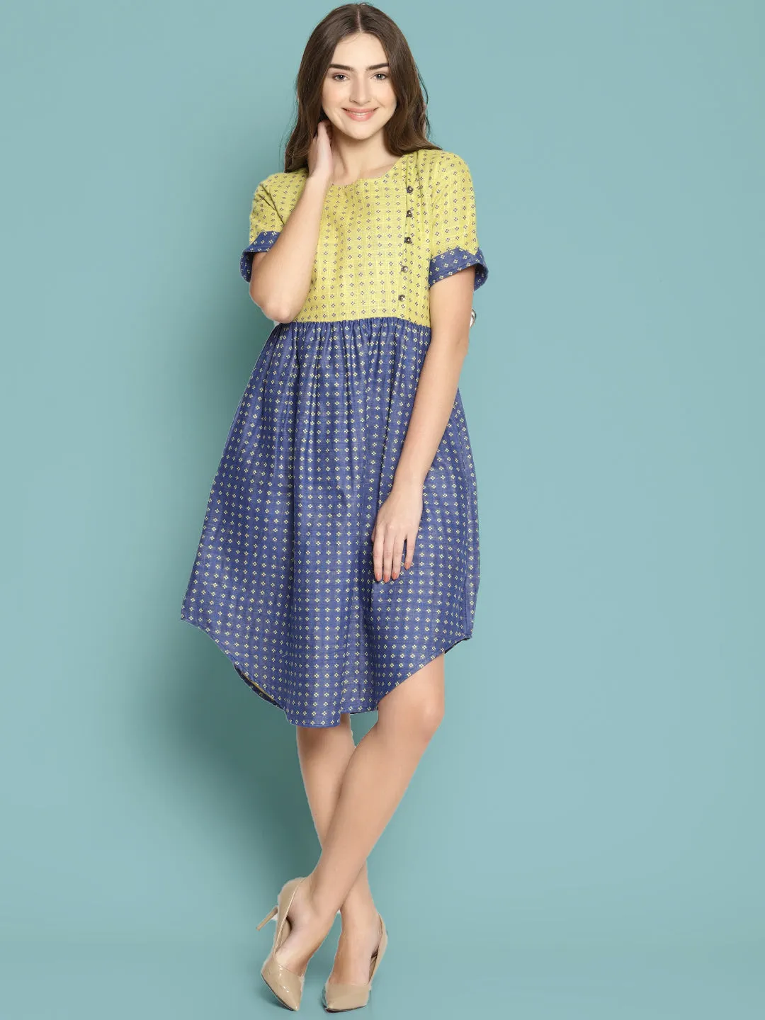 Blue Dobby Shift Dress With Curved Hem