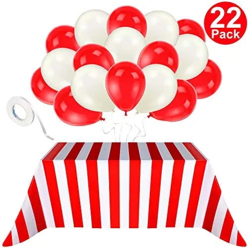 Blulu 2 Packs Red and White Striped Table Cover Tablecloths, with 20 Pieces Balloons and 10m White Ribbon