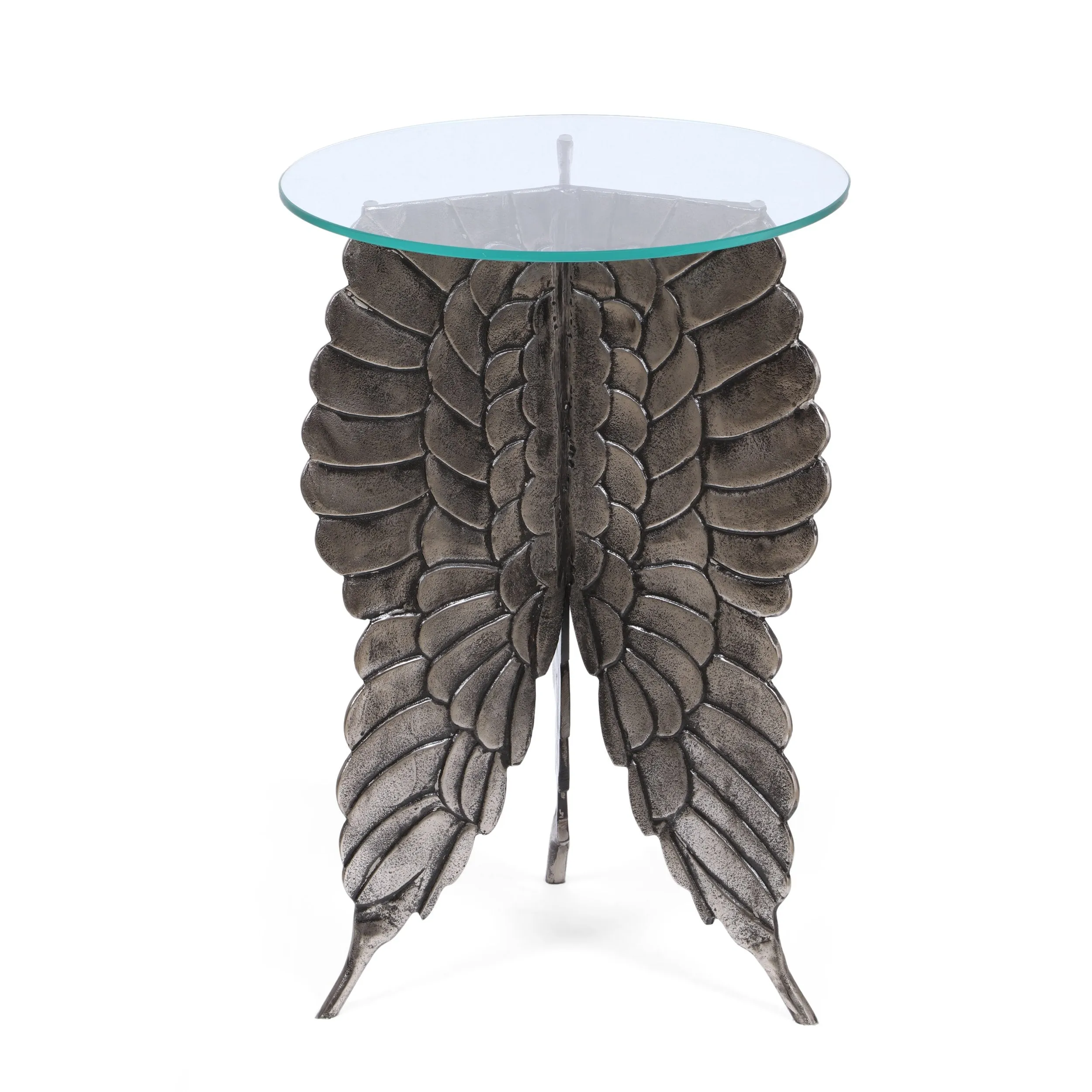 Boho Glam Handcrafted Aluminum Fairy Wing Accent Table with Glass Top, Antique Nickel - NH312513