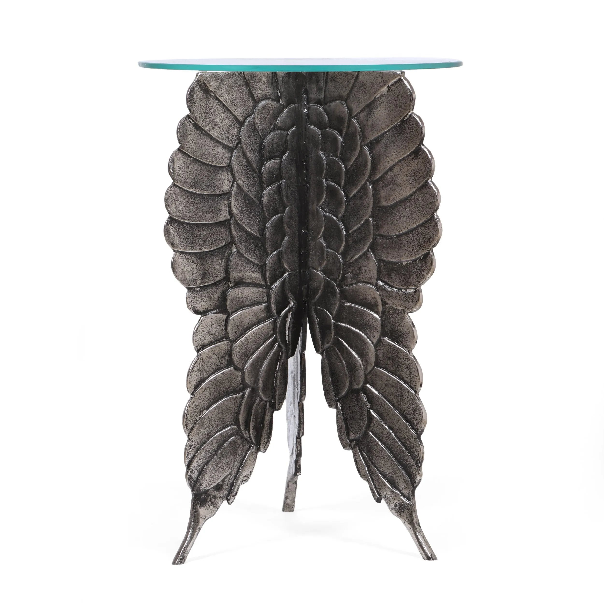 Boho Glam Handcrafted Aluminum Fairy Wing Accent Table with Glass Top, Antique Nickel - NH312513