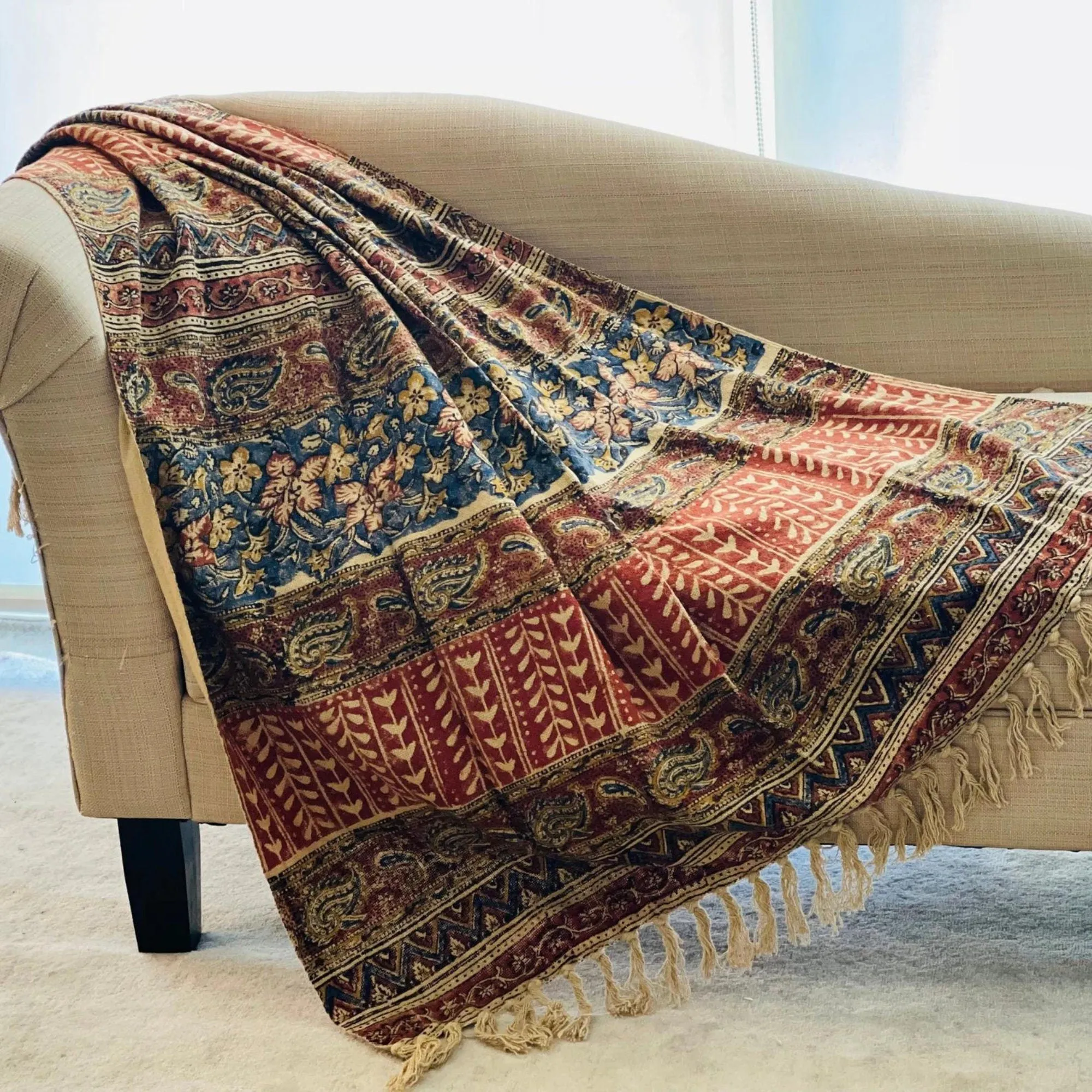 Boho Indian Mud Cloth Throw Blanket for livingroom, Hand loomed Block Print, Throw Blanket, Cotton Woven Sofa Throw, Bedroom Vintage Blanket