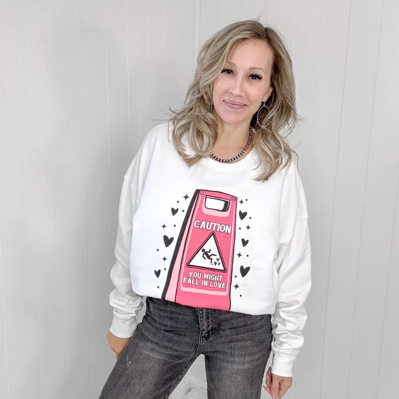 Caution Fall In Love White Graphic Sweatshirt