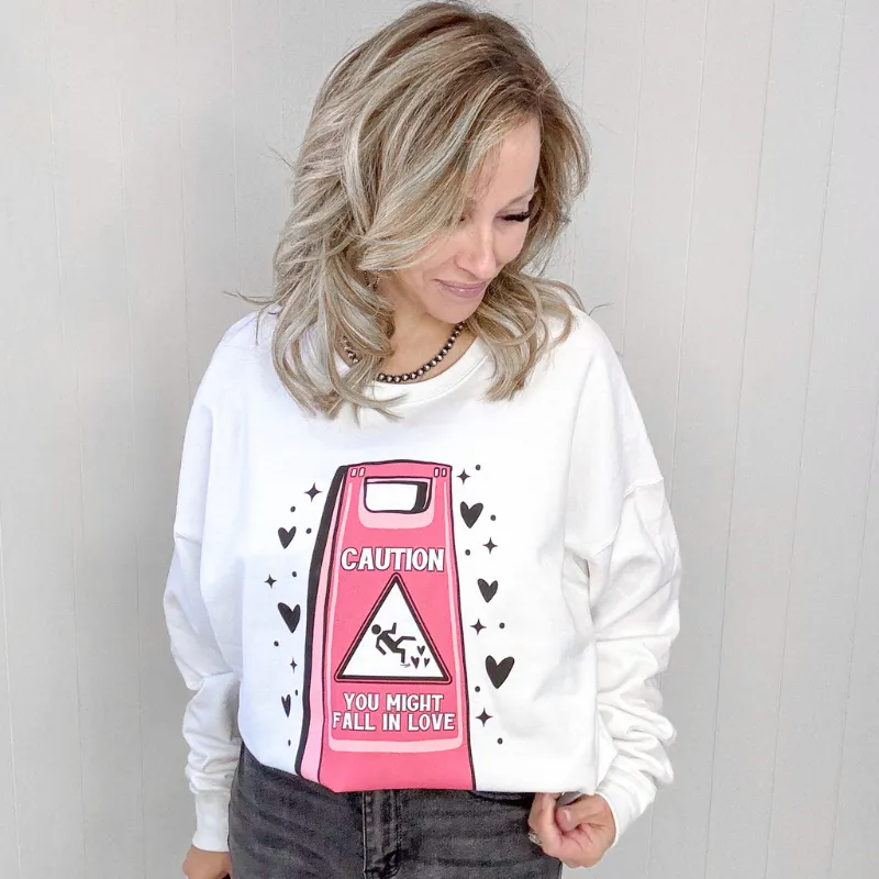 Caution Fall In Love White Graphic Sweatshirt