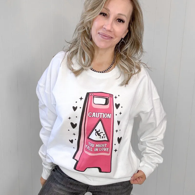 Caution Fall In Love White Graphic Sweatshirt