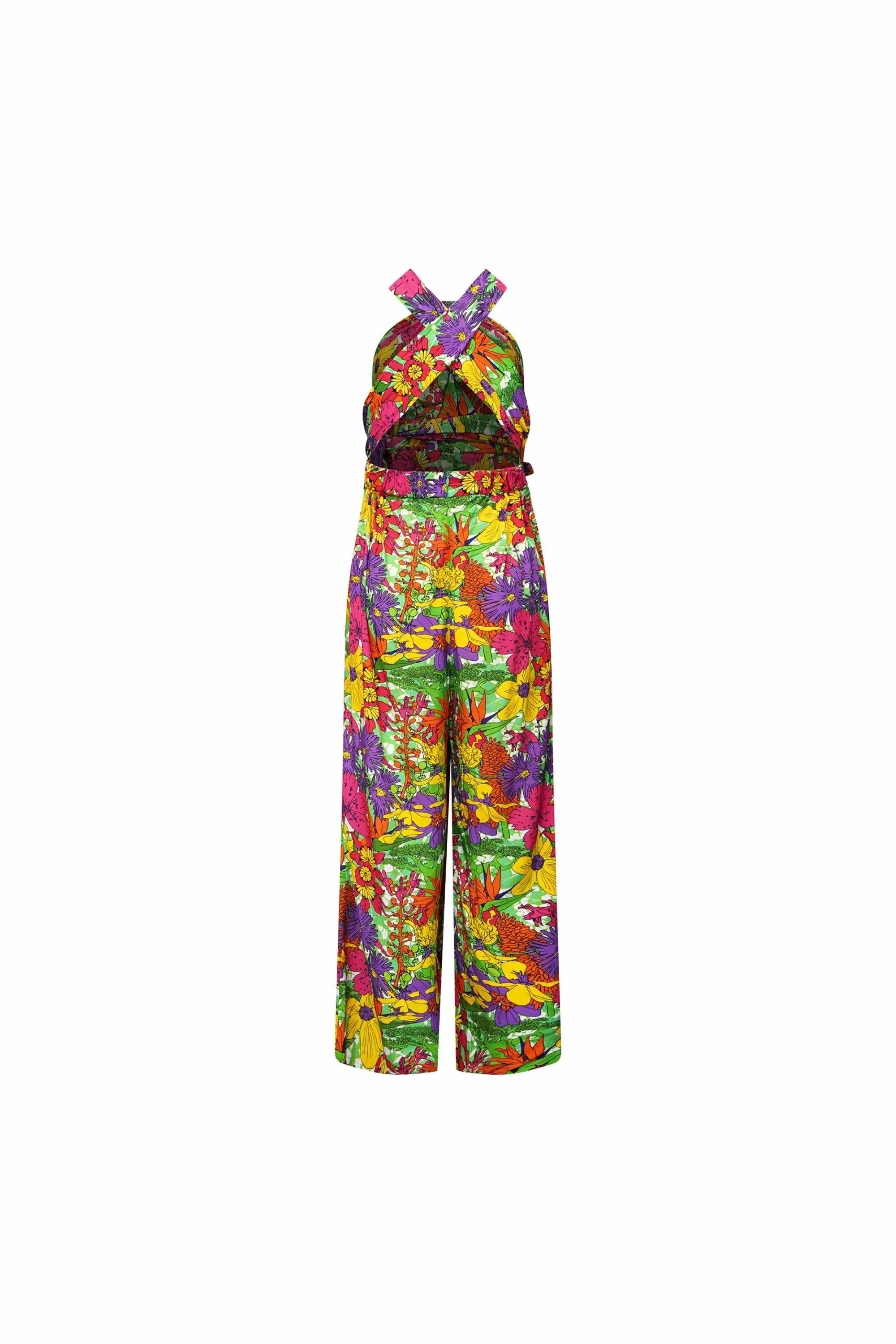 Chinwe Wide Leg Infinity Jumpsuit with Adjustable Straps - Green Pink Yellow Garden Mosaic | ILC OA OG