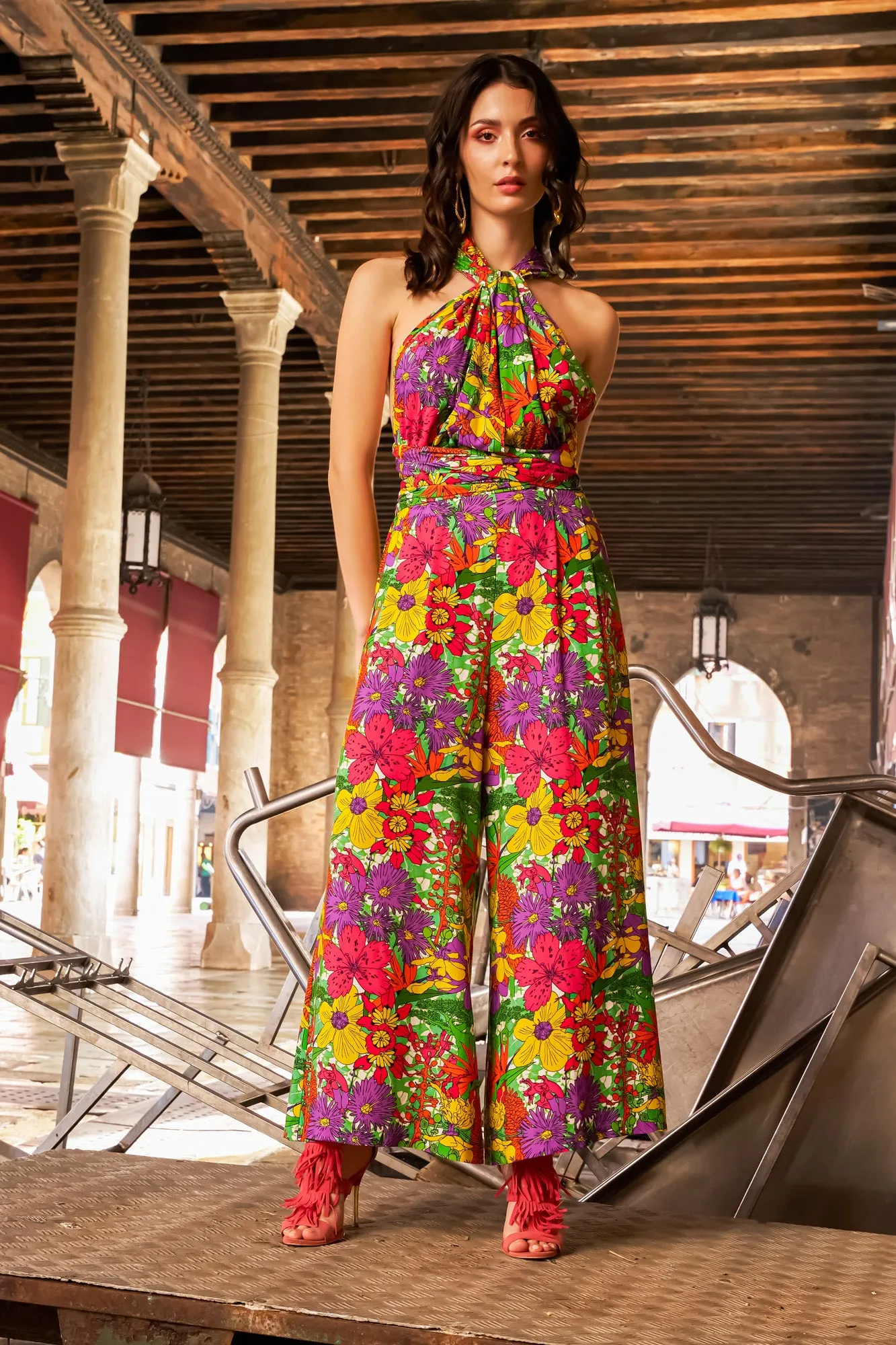 Chinwe Wide Leg Infinity Jumpsuit with Adjustable Straps - Green Pink Yellow Garden Mosaic | ILC OA OG